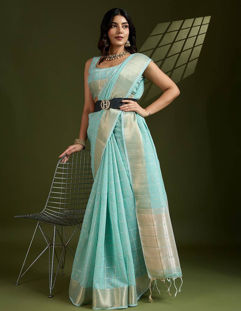 sea green color tissue linen art silk weaving checks designer graceful trendy saree