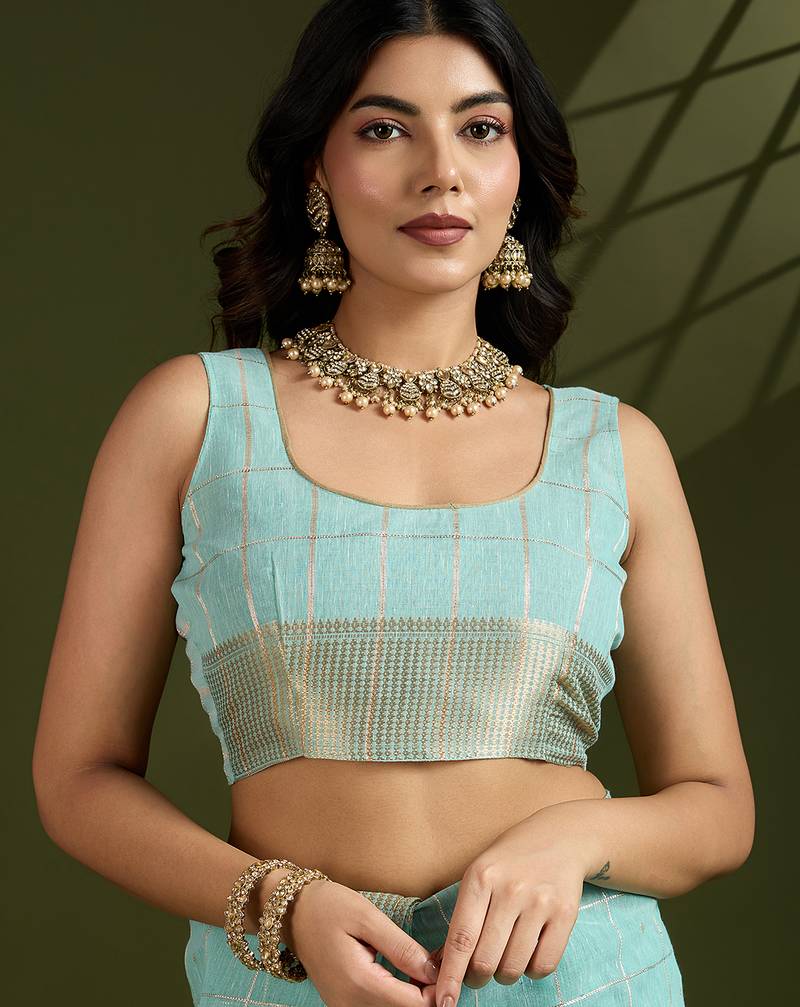 sea green color tissue linen art silk weaving checks designer graceful trendy saree