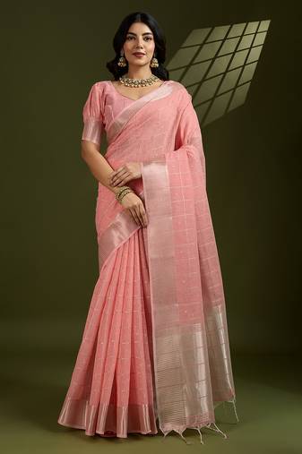 rust color tissue linen art silk weaving checks designer graceful trendy saree