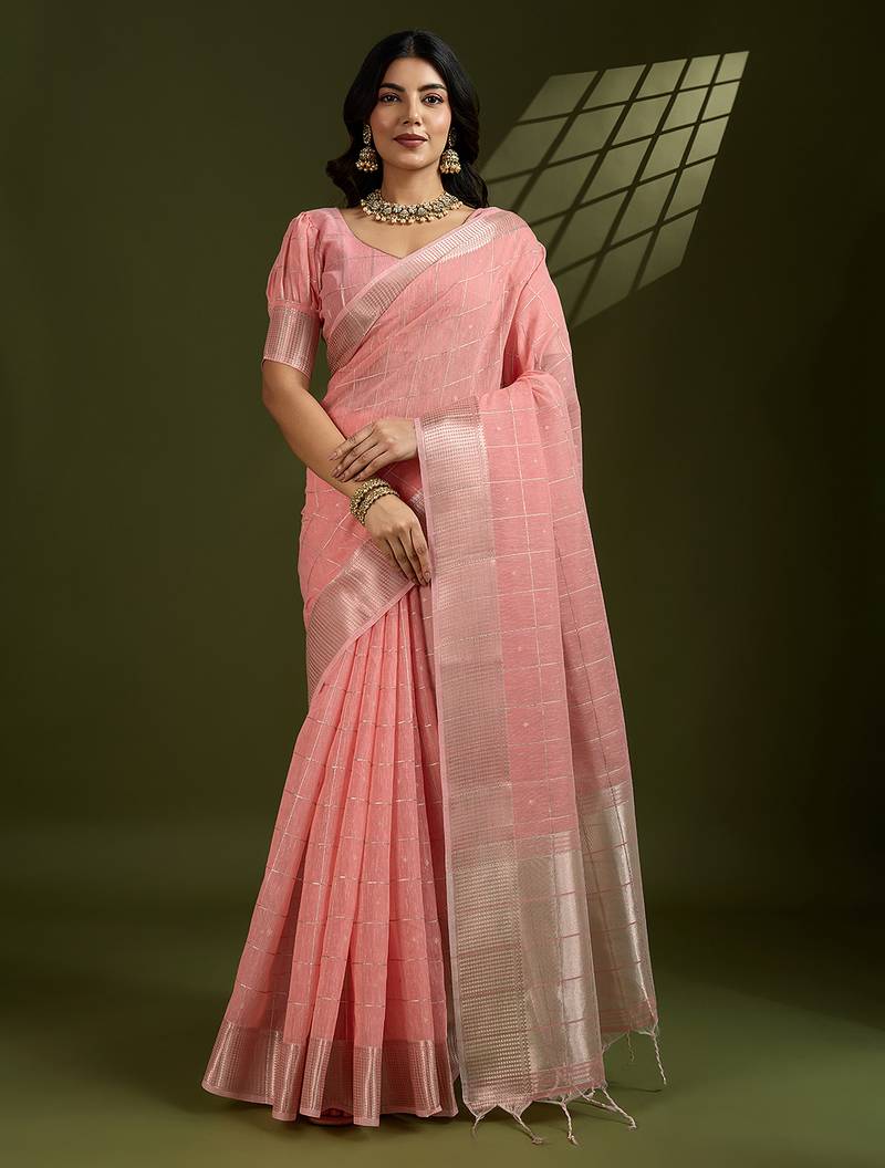 rust color tissue linen art silk weaving checks designer graceful trendy saree