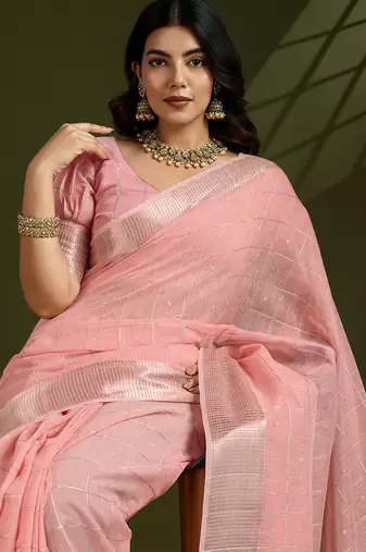 rust tissue linen art silk blend weaving checks graceful trendy saree