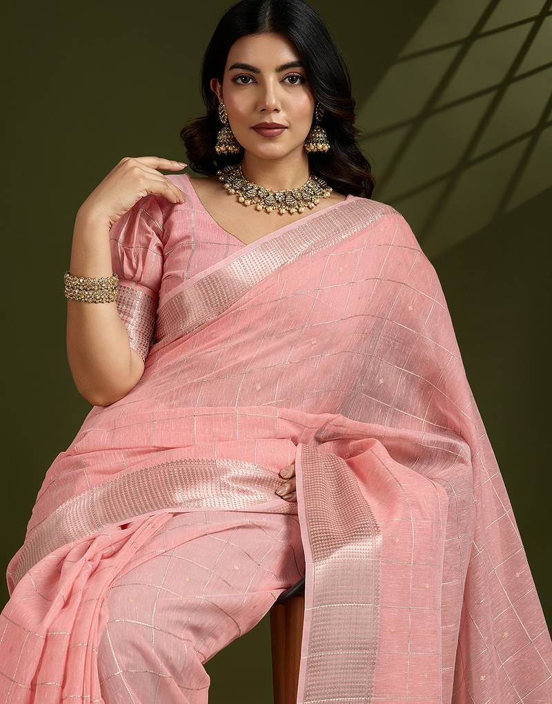 rust color tissue linen art silk weaving checks designer graceful trendy saree