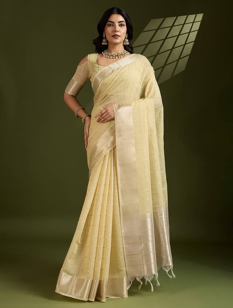 yellow color tissue linen art silk weaving checks designer graceful trendy saree