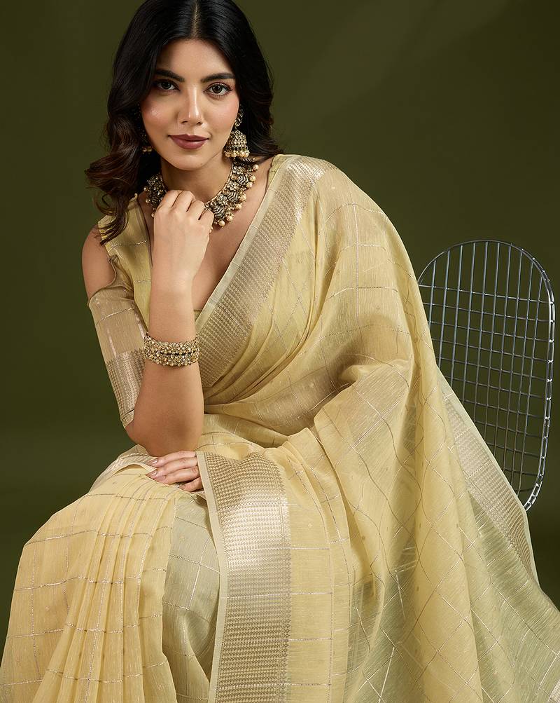 yellow color tissue linen art silk weaving checks designer graceful trendy saree