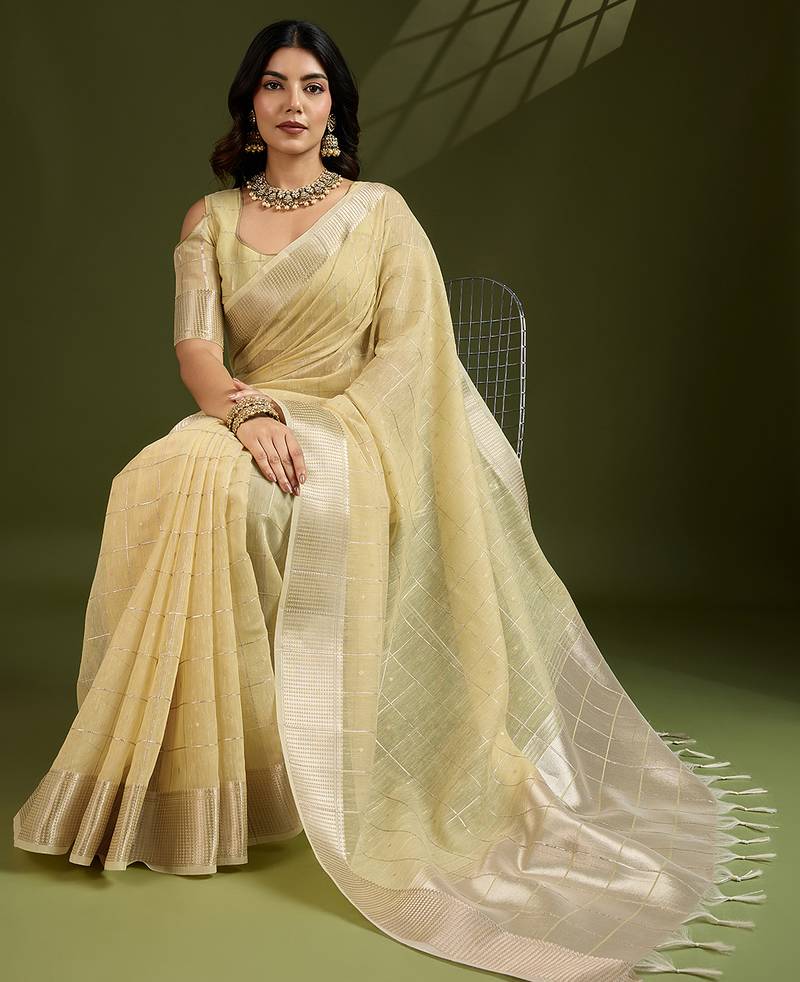 yellow color tissue linen art silk weaving checks designer graceful trendy saree