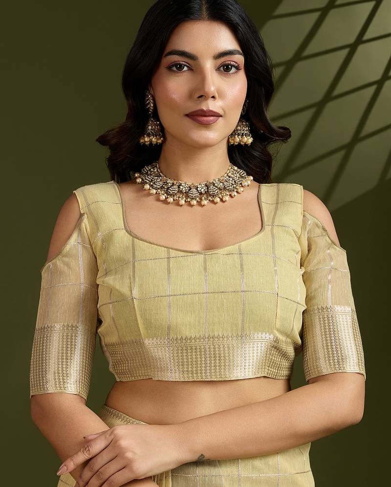 yellow color tissue linen art silk weaving checks designer graceful trendy saree