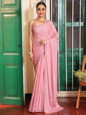 pink satin fancy swarovski work partywear saree 1