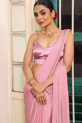 pink satin fancy swarovski work partywear saree