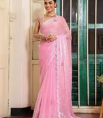 pink color organza fabric embroidery work partywear saree