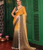 brown color chiffon fabric embroidery work partywear saree