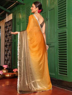 brown chiffon embroidery work partywear saree 2