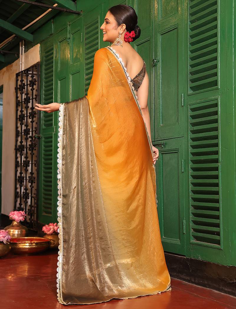 brown color chiffon fabric embroidery work partywear saree