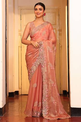 peach color cotton fabric embroidery work partywear saree