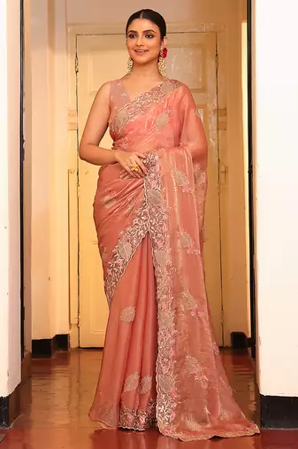 peach color cotton fabric embroidery work partywear saree