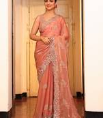 peach color cotton fabric embroidery work partywear saree