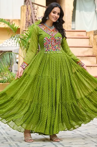 Parrot Green Faux Georgette Kutchi Gamthi Printed Gown for Women | Semi Stitched Festive & Traditional Wear Gown