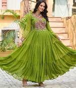 Parrot Green Faux Georgette Kutchi Gamthi Printed Gown for Women | Semi Stitched Festive & Traditional Wear Gown