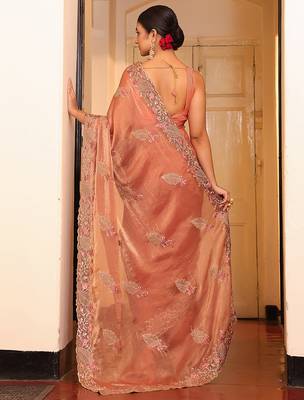 peach cotton embroidery work partywear saree 2