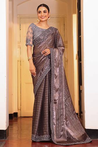 grey color cotton fabric embroidery work partywear saree
