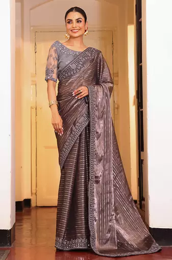 grey color cotton fabric embroidery work partywear saree