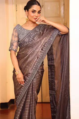 grey cotton embroidery work partywear saree