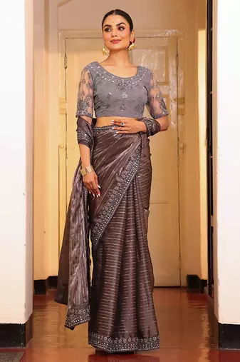 grey cotton embroidery work partywear saree