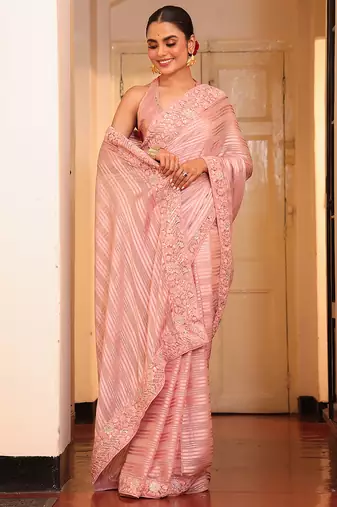 pink cotton embroidery work partywear saree