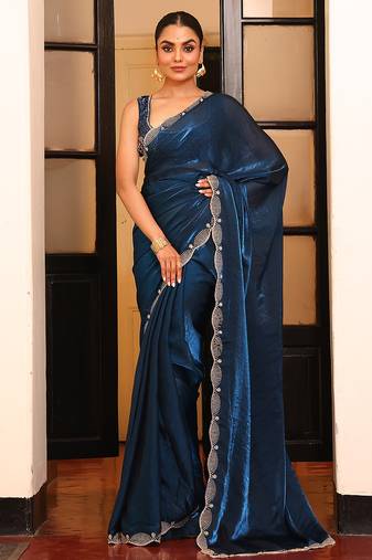 teal color cotton fabric fancy designer swarovski work partywear saree