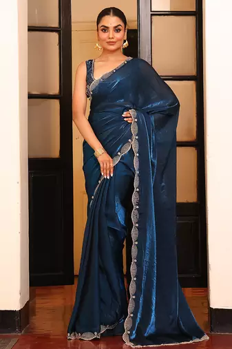 teal color cotton fabric fancy designer swarovski work partywear saree