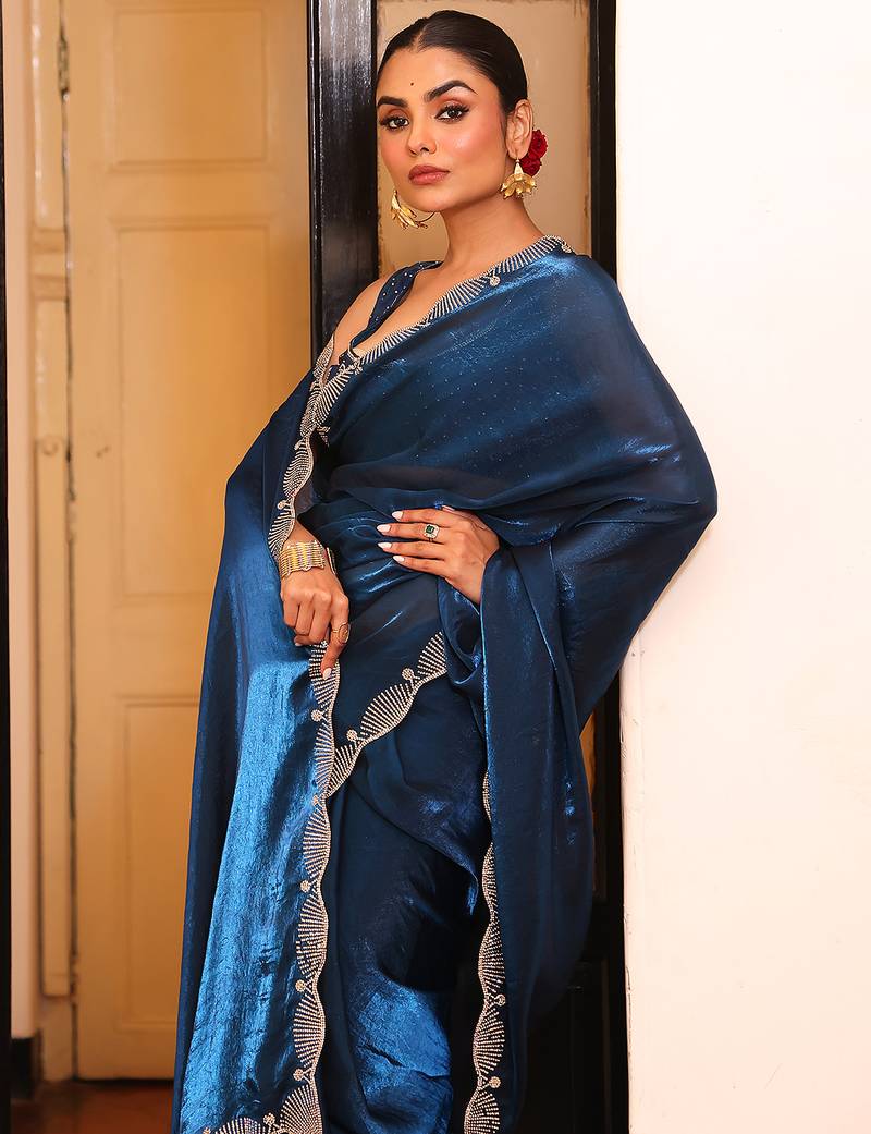 teal color cotton fabric fancy designer swarovski work partywear saree