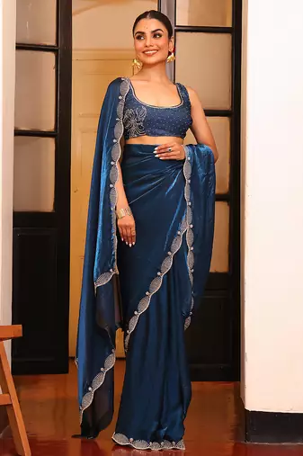 teal cotton fancy swarovski work partywear saree