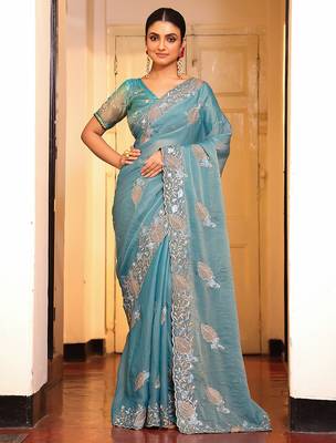 sky blue tissue embroidery work partywear saree 1