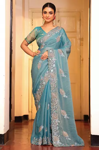 sky blue color tissue fabric embroidery work partywear saree
