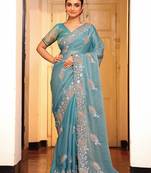 sky blue color tissue fabric embroidery work partywear saree