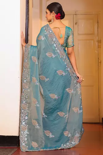 sky blue tissue embroidery work partywear saree