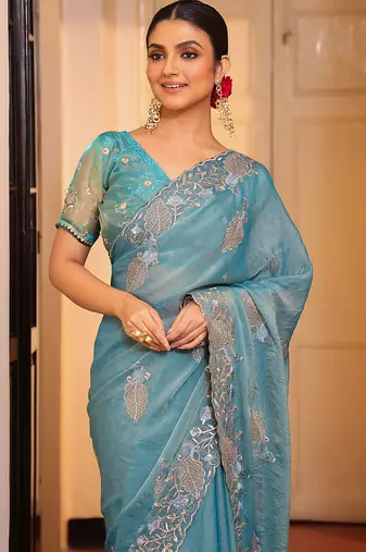 sky blue tissue embroidery work partywear saree