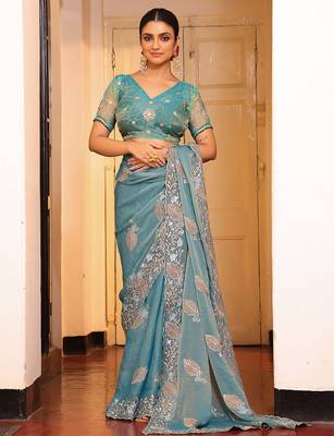 sky blue tissue embroidery work partywear saree 4