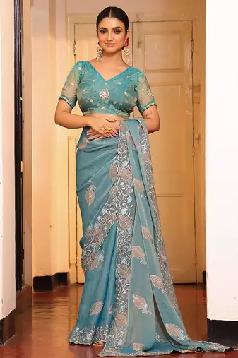 sky blue tissue embroidery work partywear saree