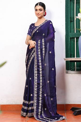 blue color tissue fabric embroidery work partywear saree