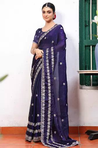 blue color tissue fabric embroidery work partywear saree