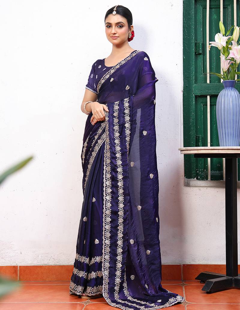blue color tissue fabric embroidery work partywear saree