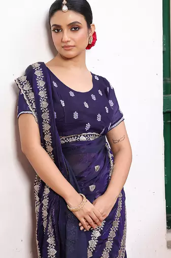 blue tissue embroidery work partywear saree