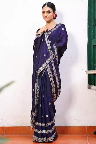 blue tissue embroidery work partywear saree