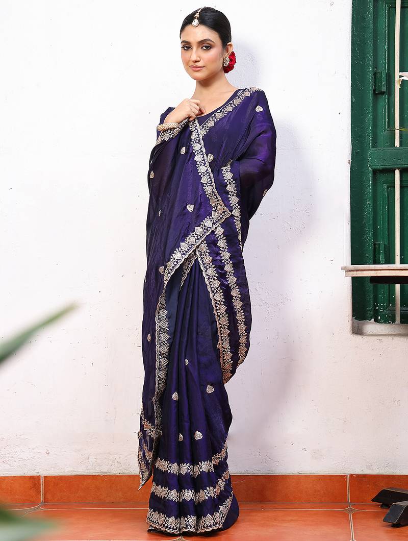 blue color tissue fabric embroidery work partywear saree