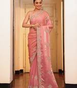 pink color cotton fabric embroidery work partywear saree