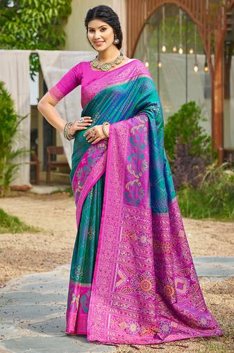 sea green color soft silk blend fabric woven partywear saree