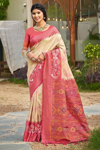cream color soft silk blend fabric woven designer partywear saree