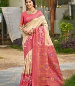 cream color soft silk blend fabric woven partywear saree