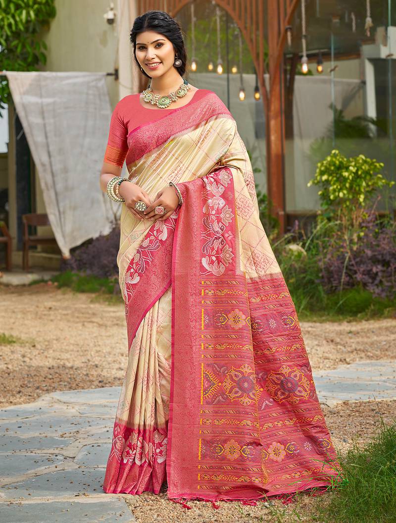 cream color soft silk blend fabric woven designer partywear saree