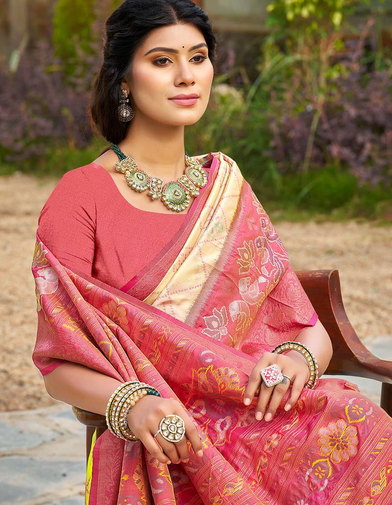 cream color soft silk blend fabric woven designer partywear saree